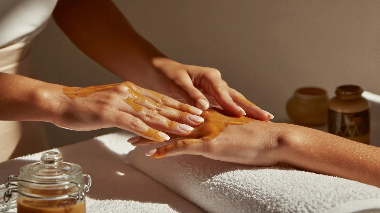 Illustration af en blid håndmassage med gylden håndcreme ved et manicurebord